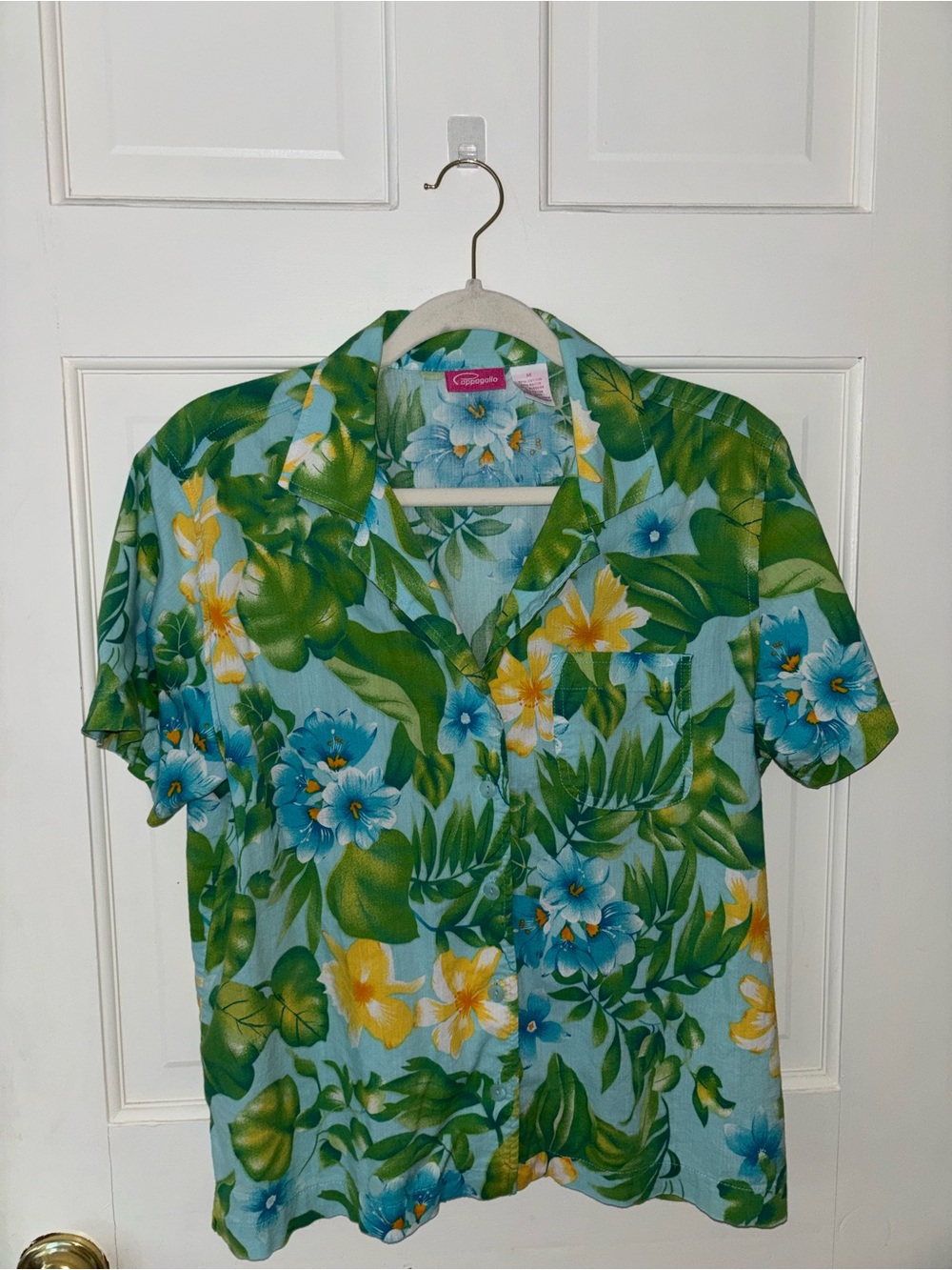 Vintage Pappagallo Tropical Floral Short Sleeve Shirt - Light Blue, Green, Yello